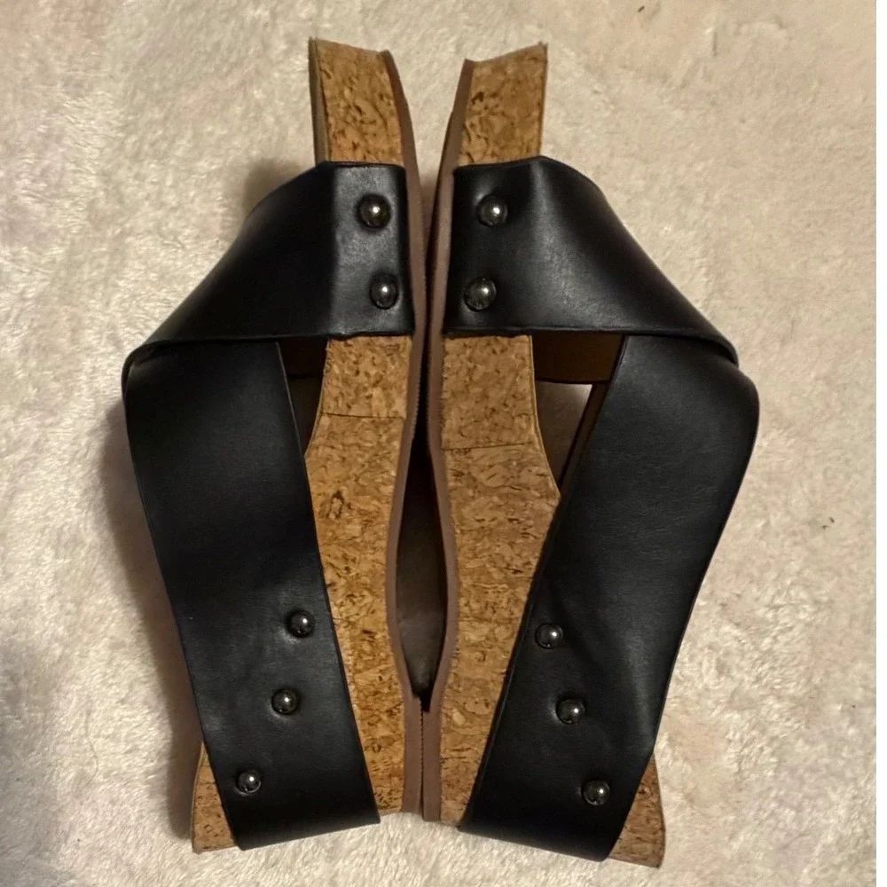 Modern Rebels Rain Black Faux Leather Cork Wedge Platform Studded Sandals 7